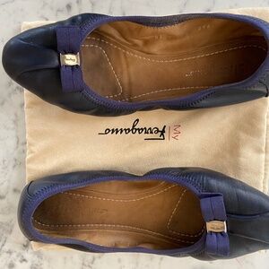 Ferragamo my joy navy leather ballet flat with grossgrain bow detail